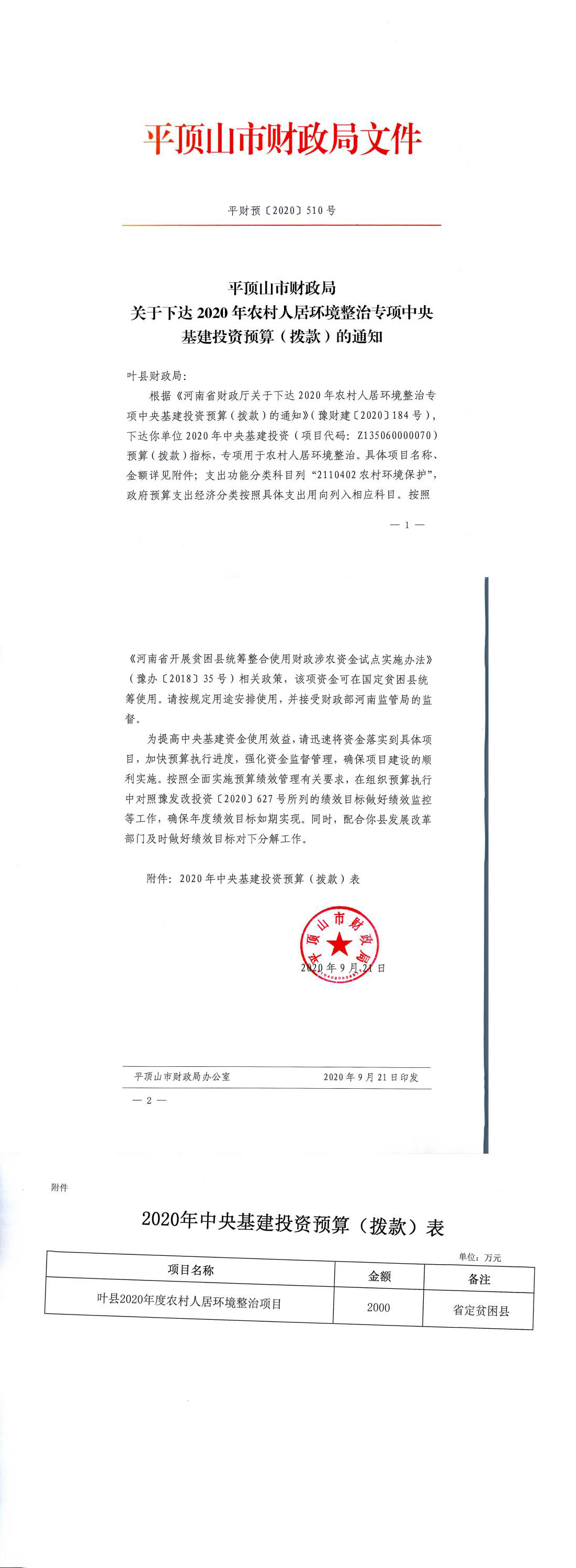 平财预（2020）510号 平顶山市财政局关于下达2020年农村人居环境整治专项中央基建投资预算（拨款）的通知_0.jpg