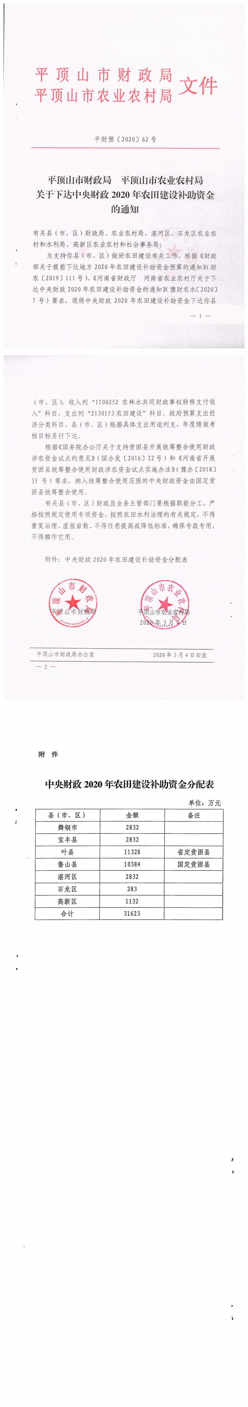 平财预[2020]62号关于下达中央财政2020年农田建设补助资金的通知_0.jpg