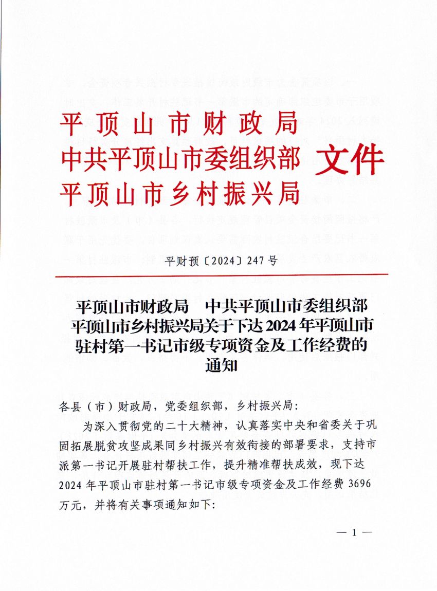 平财预〔2024〕247号平顶山市财政局平顶山市乡村振兴局关于下达2024年驻村第一书记市级专项资金及工作经费的通知(1)_00.jpg