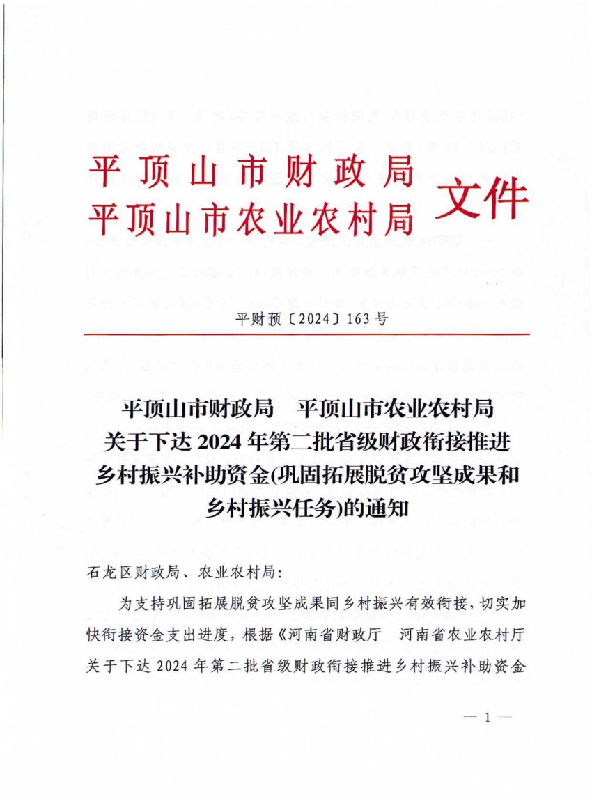 平财预〔2024〕163号平顶山市财政局 平顶山市农业农村局关于下达2024年第二批省级财政衔接推进乡村振兴补助资金(巩固拓展脱贫攻坚成果和乡村振兴任务)的通知_00.jpg